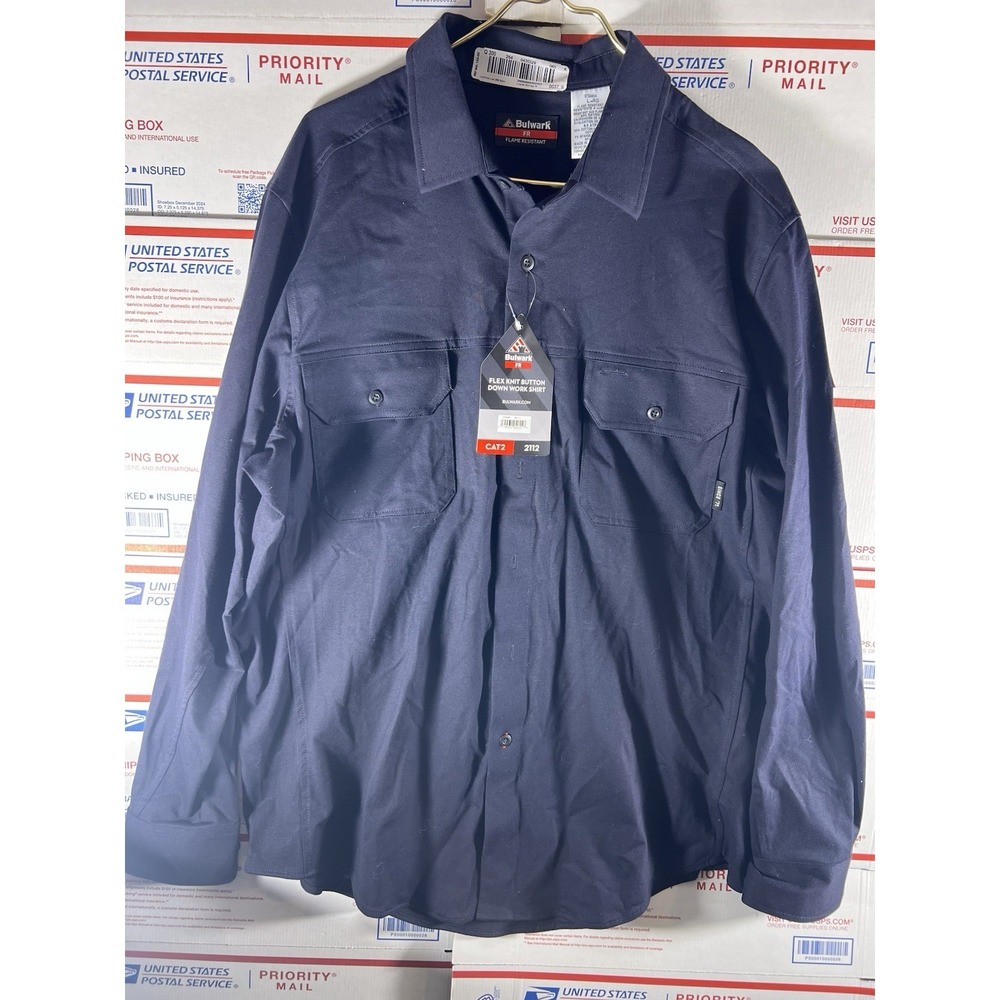 NWT Bulwark Long Sleeve Shirt‎ Men's L Dark Blue Flame Resistant Work Wear